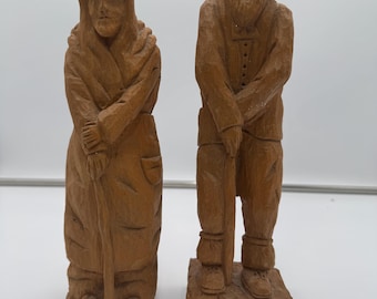 Vintage Hand Carved Wooden Folk Art Couple Man Woman Figurines 9 Inch