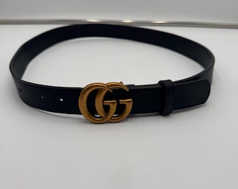 GUCCI Marmont Double G Belt Black Leather Antique Gold Buckle Authentic