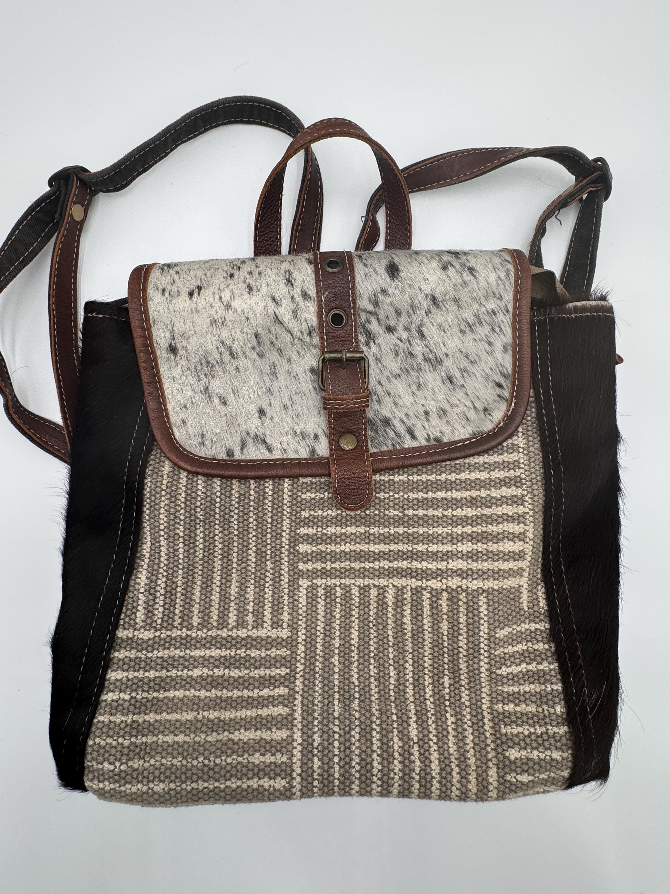 Myra Bag Hair on Hide Leather Canvas Backpack Crossbody Tote 