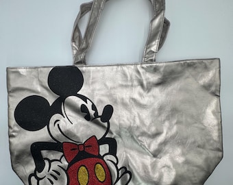 Mickey Mouse Silver Tote Bag Disney Faux Leather Shoulder Purse Large