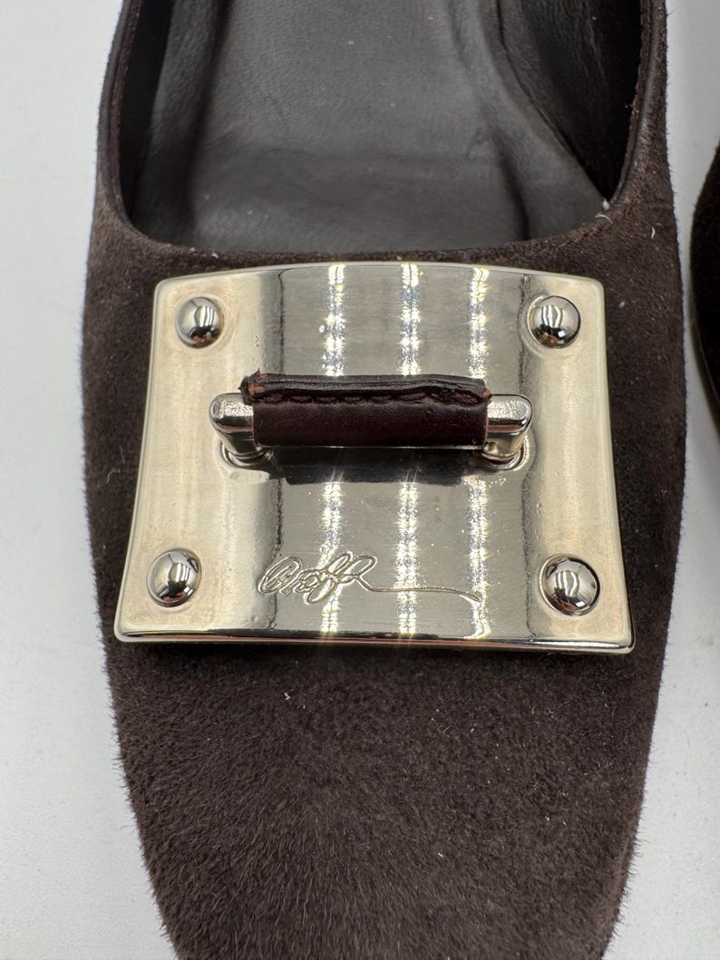 May include: Close-up of a brown suede shoe with a silver metal accent. The silver accent has a rectangular shape with rounded corners and a dark brown leather strap. The shoe has a pointed toe.