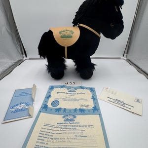 Puede incluir: Un peluche negro Cabbage Patch Kids Show Pony con una silla de montar. El pony tiene una melena y cola negras, y está de pie sobre una superficie blanca. Se incluyen documentos de registro y una postal.
