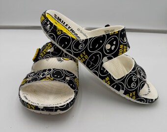 Crocs Smiley World Sandal Slide White Black Yellow Double Strap Mens Size 12 Crocs Smiley World Sandal Slide White Black | Mercari main image 2