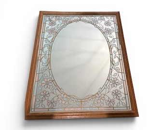 Vintage 70s Floral Etched Mirror Wood Frame Gold Trim Wall Decor