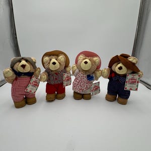 May include: Four plush teddy bears dressed in various outfits, including overalls, a plaid shirt, and a floral dress. Each bear wears a hat and holds a small tag. The bears have brown fur and are standing upright.