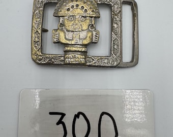 Vintage Aztec Mayan Inca Figural Belt Buckle Silver Gold Tone 3 Inch