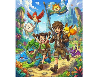Anime Gaming Wall Art Print - Palworld Inspired Poster | Adventure Awaits : Video Game Decor for Boys Room & Setup