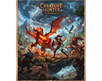Creature Hunter Fantasy Poster | Palworld Inspired Dragon Battle Fan Art - Epic Battle Wall Art Print For Gamers