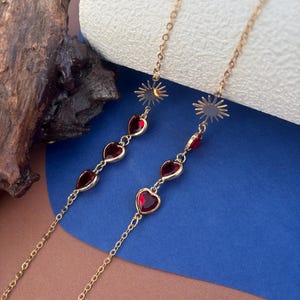 Corrente de óculos em formato de coração vermelho, corrente de óculos, corrente de óculos de sol, corrente de pingente, corrente de óculos feminina,