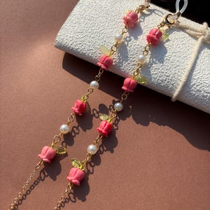 Catena per occhiali con bocciolo di fiore rosa, catena per occhiali con ciondolo a forma di orchidea, catena per occhiali da donna, regalo per appassionati di catene per occhiali