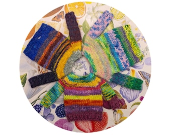 Blythe handknit sweaters,  OOAK Frankensweaters, multicolor rainbow jumper