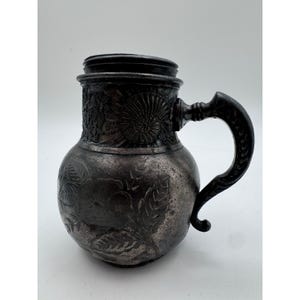 Antique Pewter Tankard Floral Etched Mug Victorian Style 5&quot; Tall Vintage Cup