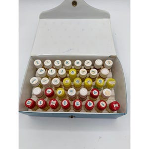 Op de afbeelding: Een lichtblauwe opbergdoos met vijfendertig kleine glazen flesjes met witte, gele en rode schroefdoppen. Elk flesje heeft een klein wit etiket met handgeschreven tekst op de bovenkant. De doos heeft een scharnierend deksel met een metalen sluiting.