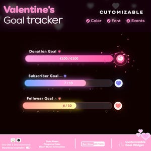 May include: A digital Valentine's Day goal tracker with customizable options for color, font, and events. The tracker displays donation, subscriber, and follower goals with progress bars and heart-themed graphics. Text includes "Valentine's Goal tracker" and "Customizable Goal Widget."