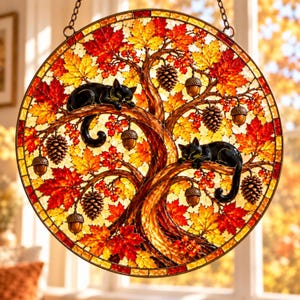 May include: A circular stained glass suncatcher featuring two black cats resting on the branches of an autumn tree. The tree is filled with vibrant red and yellow maple leaves, brown pinecones, and acorns, all encased in a dark metal frame.