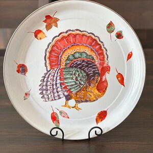 Vintage 1990s Hallmark Turkey Platter - 16" Round Enamel Serving Tray - Autumn Leaves - Retro Thanksgiving Holiday Table Decor