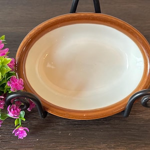 Hall Pottery Vintage White Oval Small Casserole/Au Gratin Baking Dish Brown Rim