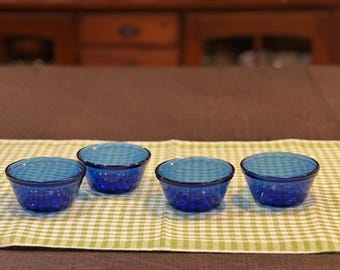 Vintage Anchor Hocking Cobalt Blue Custard Cups – Set of 4 Glass Ramekins