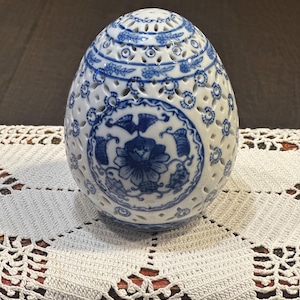 Vintage Bombay Company Reticulated Porcelain Egg-Chinoiserie Floral Design