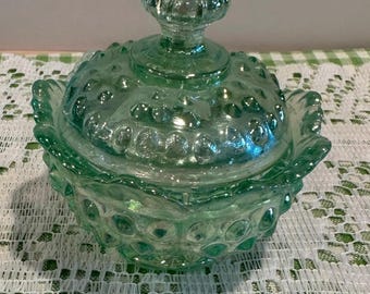 Vintage Fenton Sea Green Iridescent Hobnail Powder Box-Mini Trinket Dish With Lid-Original Sticker