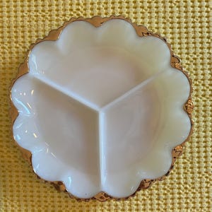 Anchor Hocking Fire King Milk Glass Divided Relish Tray Gold Trim 10&quot;