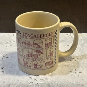May include: A cream-colored ceramic mug featuring the Longaberger brand name at the top. The mug displays a grid of letters from the alphabet, each paired with a small illustration of a basket and a descriptive label in a dark red ink color.