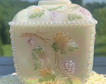 Vintage Fenton Art Glass Lidded Candy Dish-White Opaline-Hand Painted Grapes And Leaves-Square Trinket Box-Vanity Jar