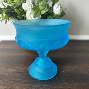 Indiana Glass Kings Crown Compote Frosted Blue Thumbprint Pattern