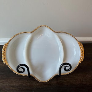 Anchor Hocking Fire King Milk Glass Divided Relish Dish Gold Trim 11&quot;