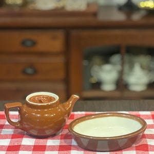 Vintage Hall China Brown Individual Teapot And Oval Casserole Dish-Mid Century Single Serve Restaurantware-Retro Tea For One