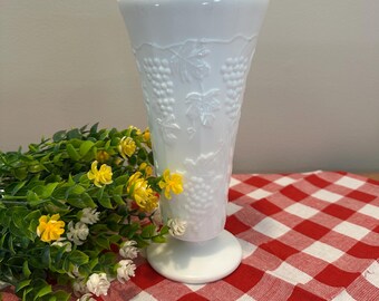 Vintage White Milk Glass Vase-Grape Vine Pattern