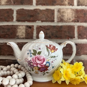 Ellgreave Ironstone Vintage Teapot England Floral Gold Accents