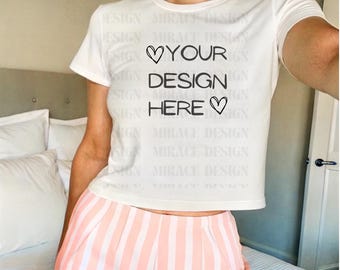 Bella Canvas 1010J2 Baby Tee Mockup, Womens y2k Baby Tee Mockup, Aesthetic Crop Top Tee Mockup, Selfie Mockup, Lifestyle Selfie Mockup
