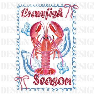 Op de afbeelding: Een rode kreeft met blauwe en witte oesterschelpen, omringd door een blauwe en witte decoratieve rand. De tekst "Crawfish Season" is geschreven in rode letters.