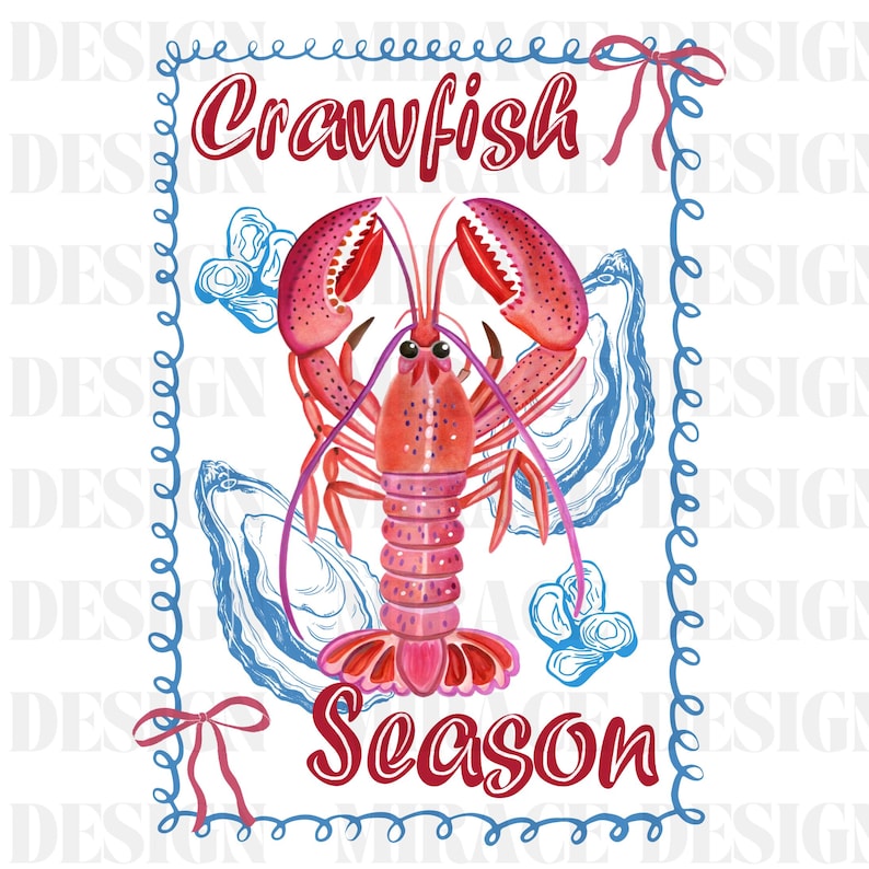 Op de afbeelding: Een rode kreeft met blauwe en witte oesterschelpen, omringd door een blauwe en witte decoratieve rand. De tekst "Crawfish Season" is geschreven in rode letters.