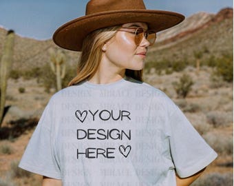 Comfort Colors C1717 Chambray Shirt Mockup, Light Blue T-shirt Mock-up, Vintage Western Boho Aesthetic Tee Mockup, T-shirt Mockup for Pod
