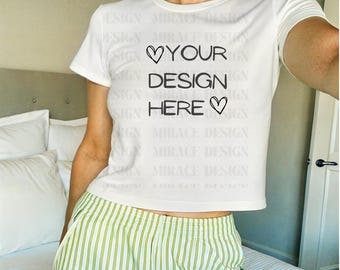 Bella Canvas 1010J2 Baby Tee Mockup, Womens y2k Baby Tee Mockup, Aesthetic Crop Top Tee Mockup, Selfie Mockup, Lifestyle Selfie Mockup