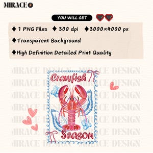 Op de afbeelding: Een digitale illustratie van een rode kreeft met blauwe en witte accenten. De kreeft is omringd door blauwe en witte schelpen. De tekst "Crawfish Season" is geschreven in rode en witte letters.