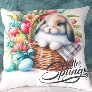 May include: A decorative square pillow featuring a bunny in a woven basket surrounded by colorful flowers and Easter eggs. The pillow has the words "Hello Spring" in a script font. The bunny has brown and white fur.