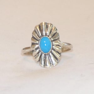 Sterling Silver Sleeping Beauty Turquoise Concho Ring | Southwest Style Handcrafted Unisex Navajo Jewelry Sizes 6-10