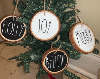 4 Rae Dunn inspired wood ornaments