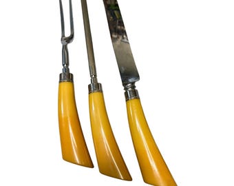 Set antico di coltello da intaglio, forchetta e temperamatite in bachelite Sheffield Inghilterra BIN2