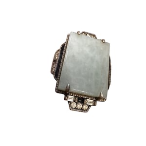 Art Deco Sterling Silver Jade Ring: Large Green Cabochon, Size 7