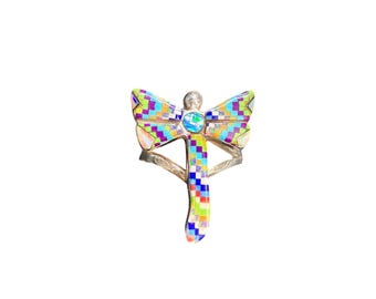 Sterling Silver Dragonfly Ring With Colorful Inlay Mosaic Design & Center Opal Gemstone Size 7.75