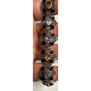 Vintage Sterling Silver Marcasite Bracelet Multi Gemstone & Onyx Floral Art Deco