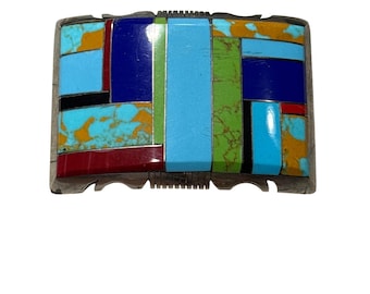 Museumkwaliteit Indiaans ingelegde gesp hanger SF sterling turkoois lapis koraal malachiet 56g