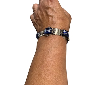 Vintage Mexican Silver & Blue Glass Panel Link Bracelet