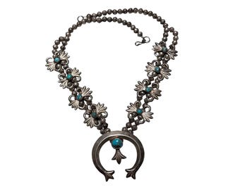 ヴィンテージ ナバホ スターリングシルバー ターコイズ スカッシュブロッサム ネックレス ナジャペンダント 116g