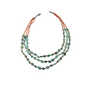 Vintage Multi strand Green-ish Blue Turquoise & Coral Beaded Necklace With Sterling Silver Clasp