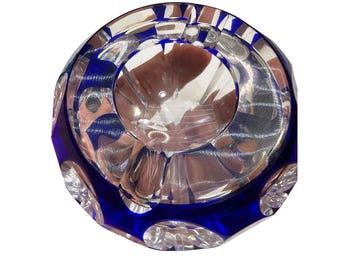 Vintage boho kobaltblauw gesneden tot heldere kristallen kom - zwaar loodglas 2,8 pond